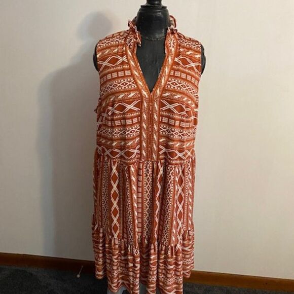 Signature by Robbie Bee Aztec pattern split neck tiered dress, size 1X - Picture 1 of 5